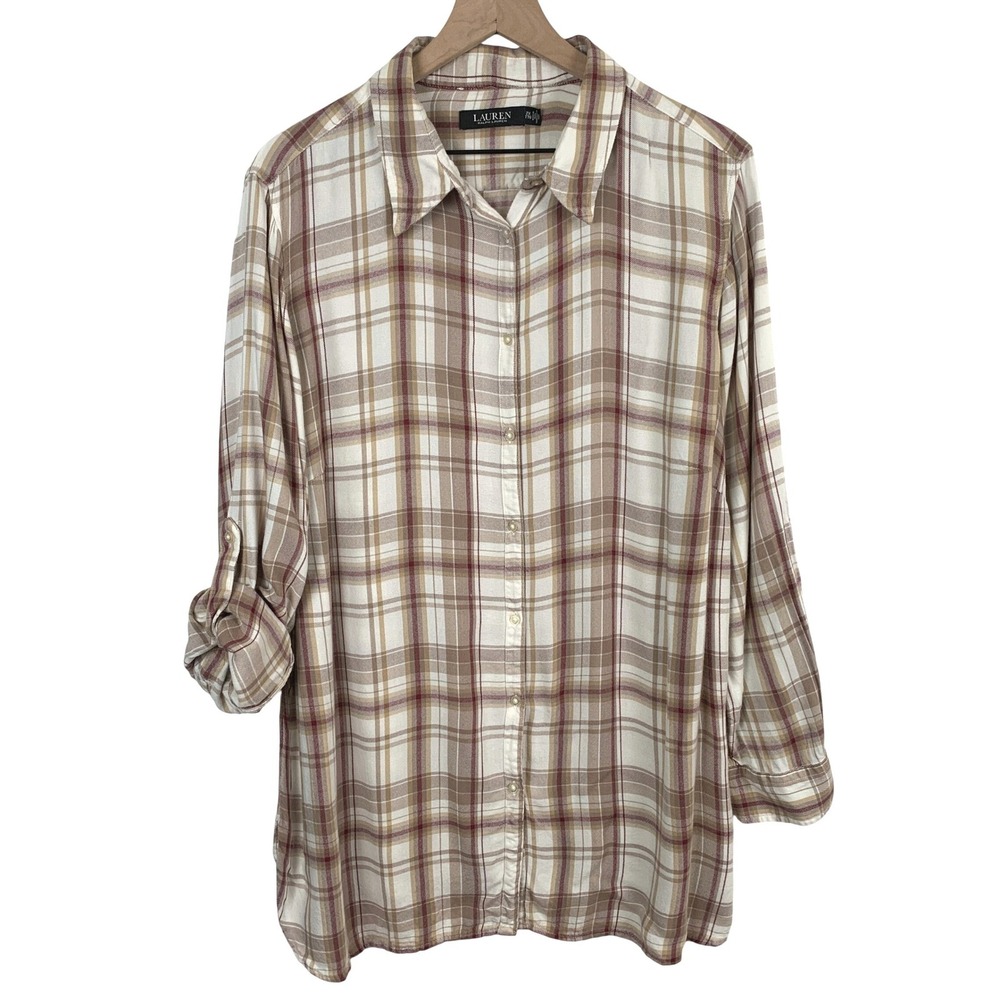 Lauren Ralph Lauren Black Label Plaid Viscose Roll Tab Button Up Shirt Sz 2X Tan